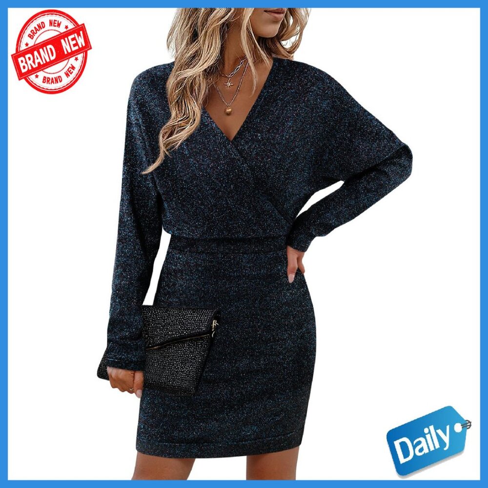 V-Neck Batwing Sleeve Sparkly Sweater Dress Bodycon Midi